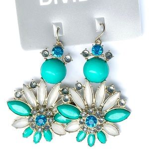 🆕 Silver Abstract Teal Blue Grey Floral Drop Earrings NWT